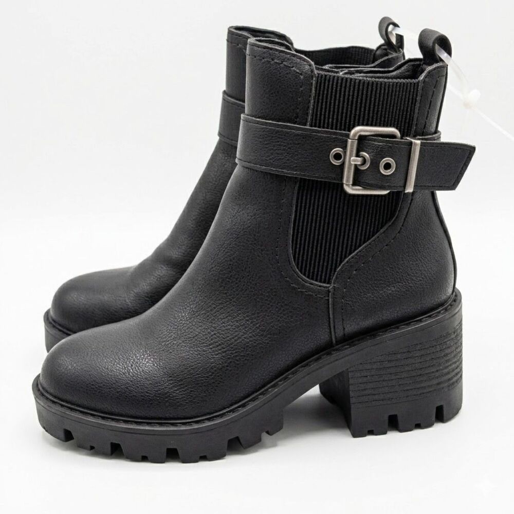 C&C California Black Chelsea Ankle Boots Buckle Lug Sole Block Heel 6.5M
